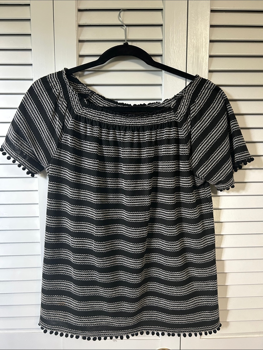 Rafaella Black and White Striped Off-Shoulder Pom-Pom Trim Blouse
